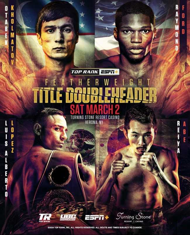Fight poster showing Otabek Kholmatov and Raymond Ford in various poses.