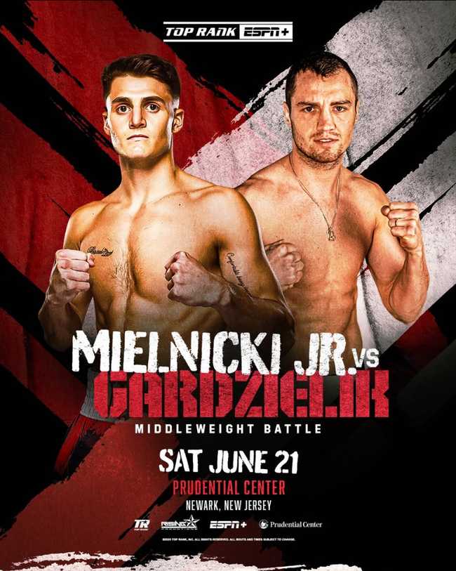 Fight poster showing Vito Mielnicki Jr and Kamil Gardzielik in various poses.