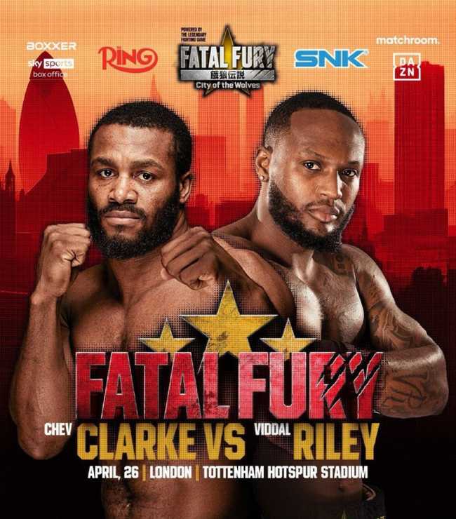 Fight poster showing Cheavon Clarke and Viddal Riley in various poses.