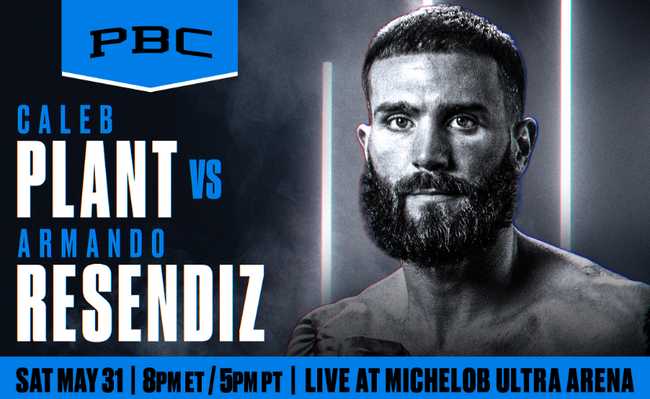 Fight poster showing Caleb Plant and Armando Resendiz in various poses.