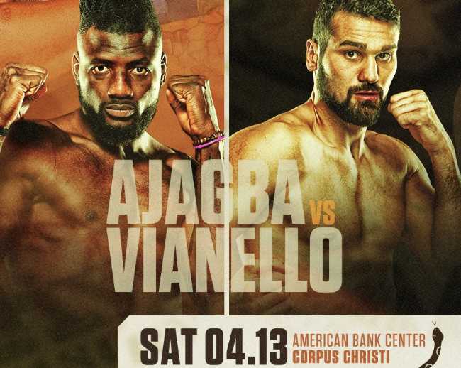 Fight poster showing Efe Ajagba and Guido Vianello in various poses.