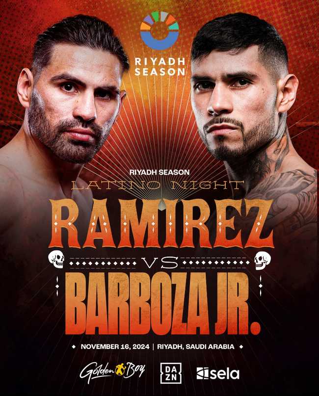 Fight poster showing Jose Ramirez and Arnold Barboza Jr in various poses.