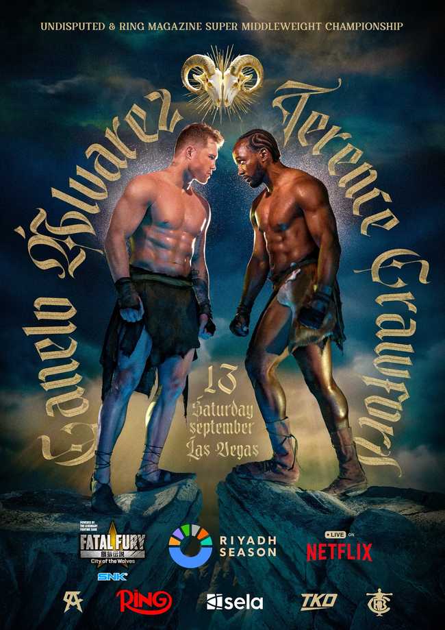 Fight poster showing Saul Alvarez and Terence Crawford in various poses.