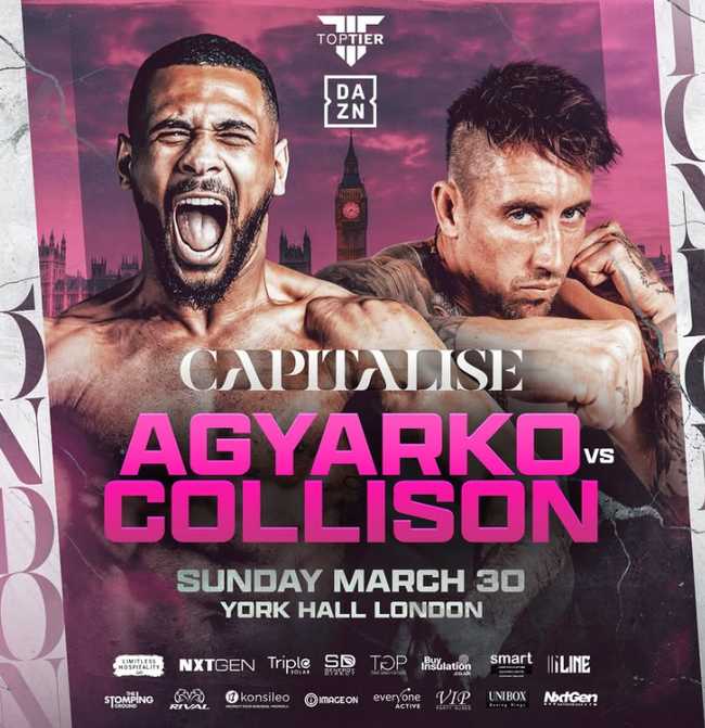 Fight poster showing Caoimhin Agyarko and Harley Collison in various poses.