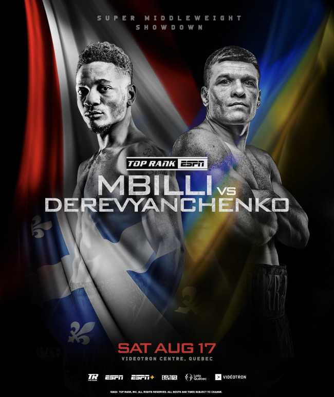 Fight poster showing Christian Mbilli and Sergiy Derevyanchenko in various poses.