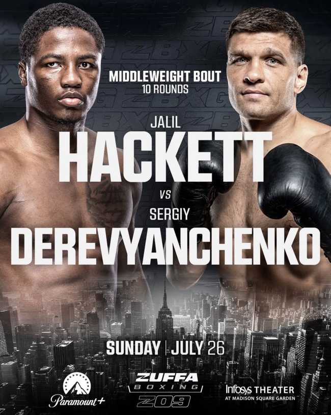 Fight poster showing Jalil Hackett and Sergiy Derevyanchenko in various poses.
