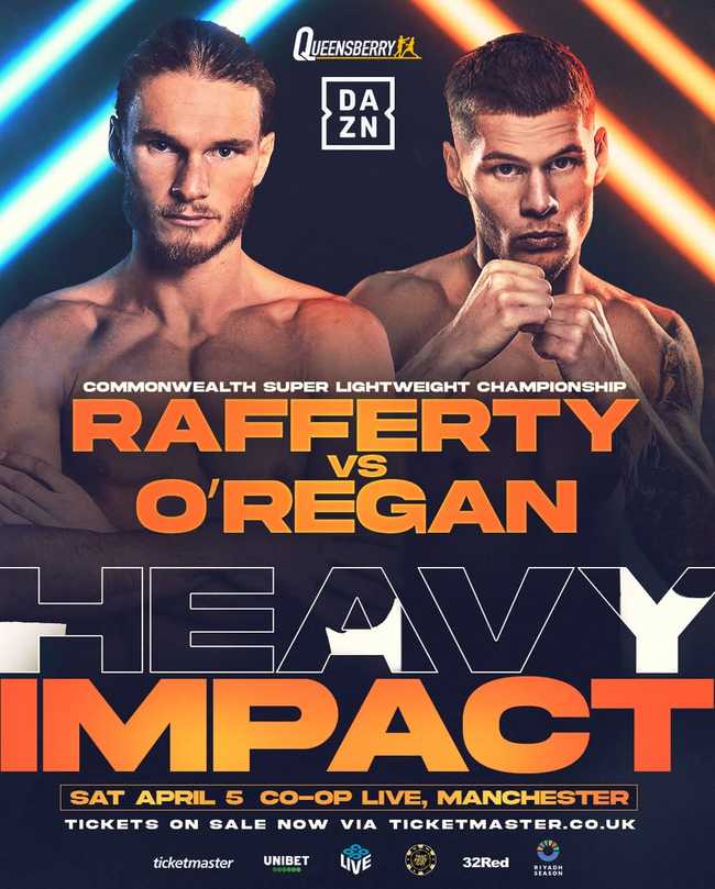 Fight poster showing Jack Rafferty and Cory O'Regan in various poses.