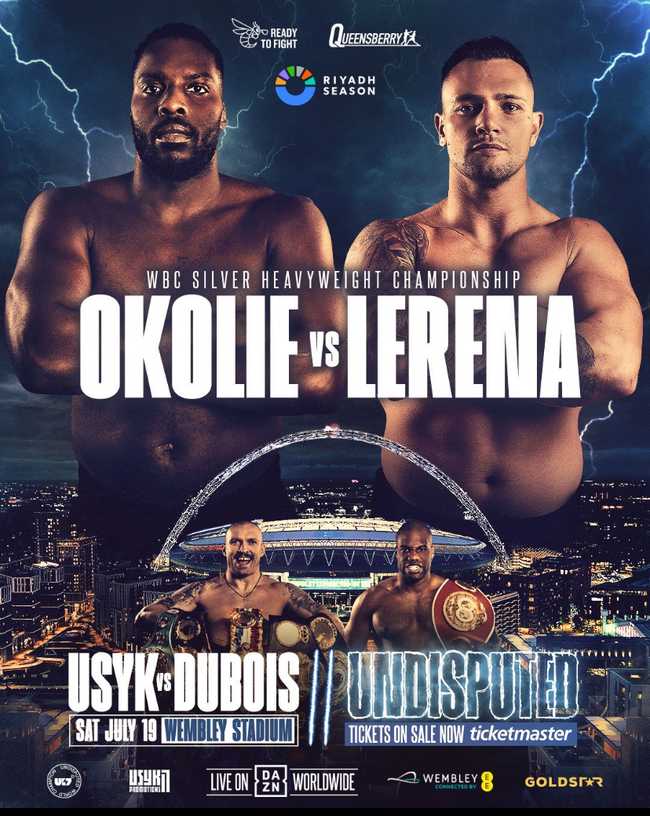 Fight poster showing Lawrence Okolie and Kevin Lerena in various poses.
