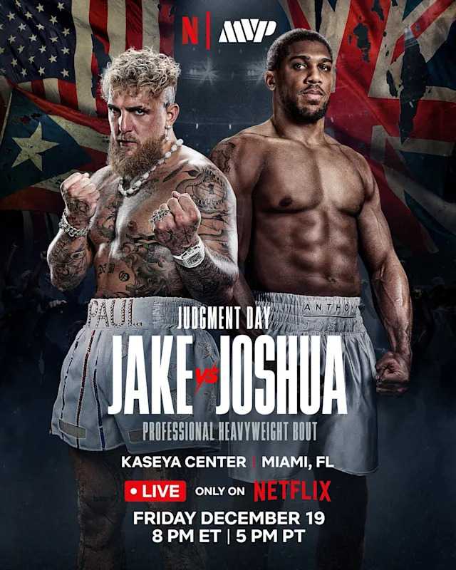 Fight poster showing Jake Paul and Anthony Joshua in various poses.