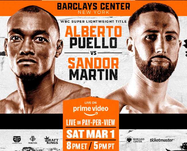 Fight poster showing Alberto Puello and Sandor Martin in various poses.