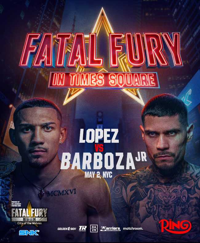 Fight poster showing Teofimo Lopez and Arnold Barboza Jr in various poses.