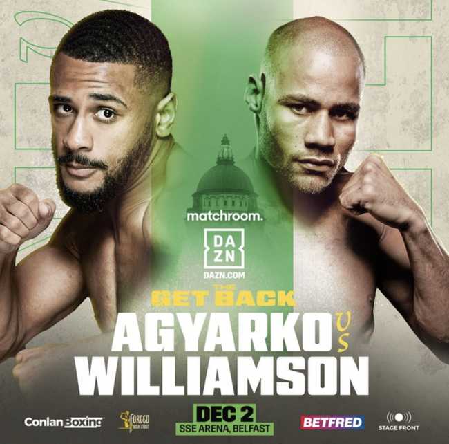 Fight poster showing Caoimhin Agyarko and Troy Williamson in various poses.