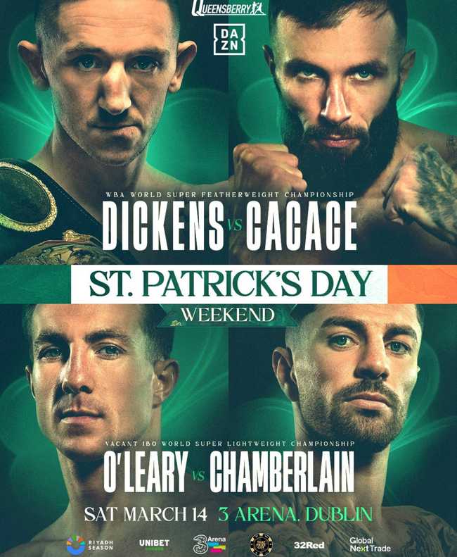Fight poster showing James Dickens and Anthony Cacace in various poses.