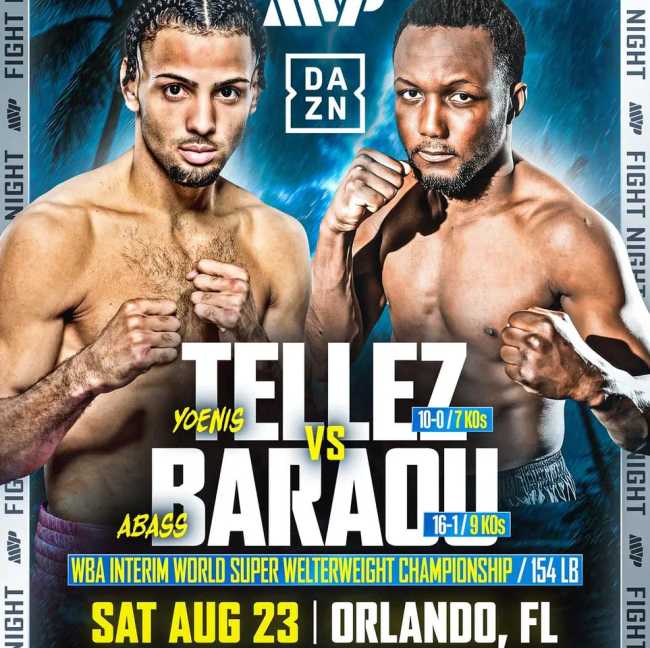 Fight poster showing Yoenis Tellez and Abass Baraou in various poses.