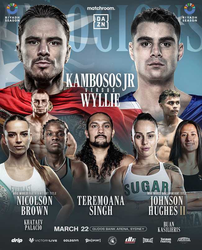 Fight poster showing George Kambosos and Jake Wyllie in various poses.