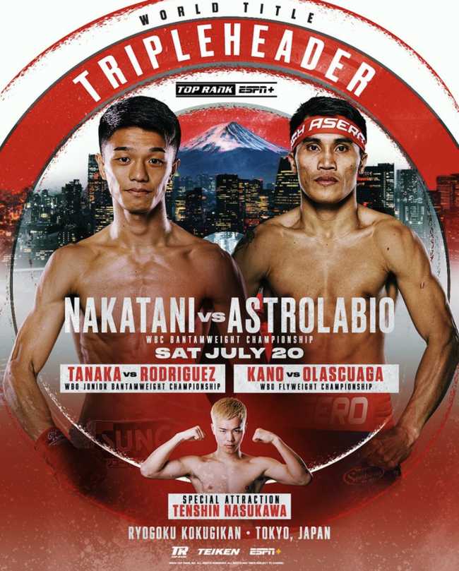 Fight poster showing Junto Nakatani and Vincent Astrolabio in various poses.