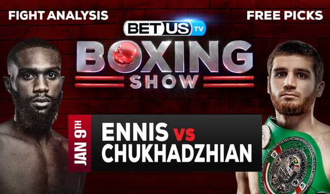 Fight poster showing Jaron Ennis and Karen Chukhadzian in various poses.