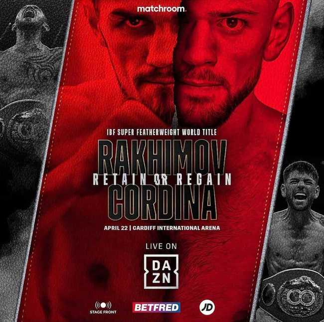 Fight poster showing Shavkat Rakhimov and Joe Cordina in various poses.