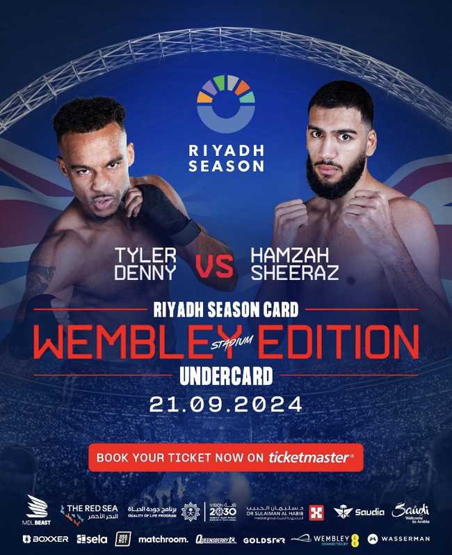 Fight poster showing Tyler Denny and Hamzah Sheeraz in various poses.