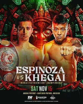 Fight poster showing Rafael Espinoza and Arnold Khegai in various poses.