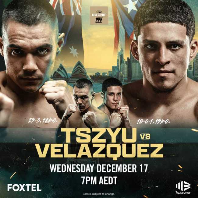 Fight poster showing Tim Tszyu and Anthony Velazquez in various poses.
