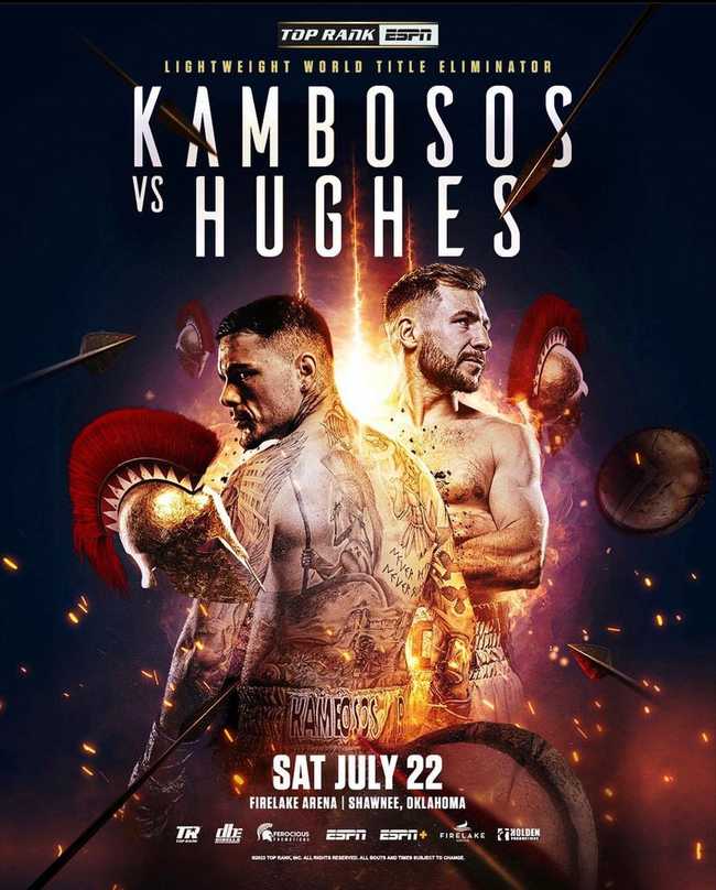 Fight poster showing George Kambosos and Maxi Hughes in various poses.