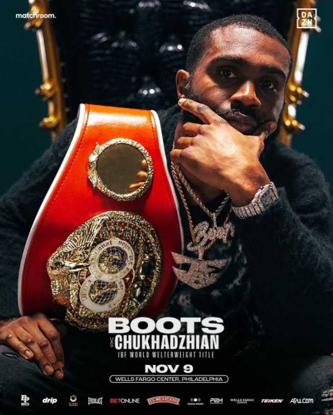 Fight poster showing Jaron Ennis and Karen Chukhadzian in various poses.