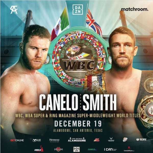 Fight poster showing Saul Alvarez and Callum Smith in various poses.