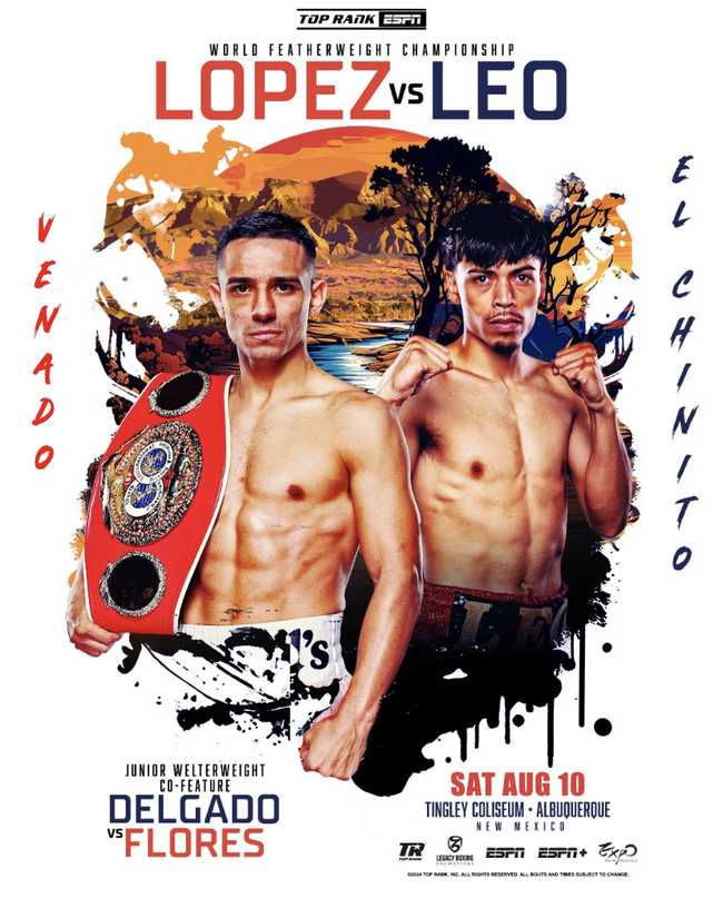 Fight poster showing Luis Alberto Lopez and Angelo Leo in various poses.