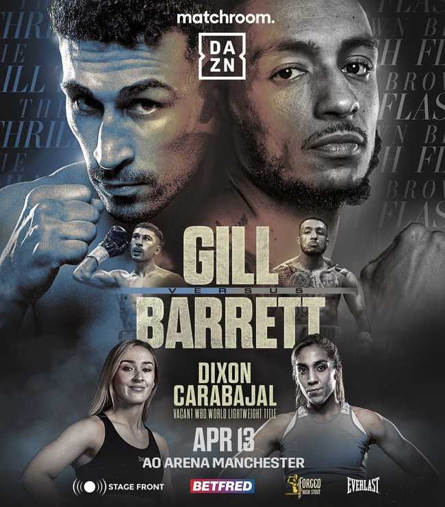 Fight poster showing Jordan Gill and Zelfa Barrett in various poses.