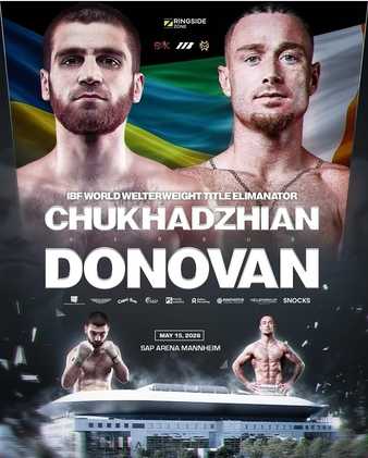 Fight poster showing Karen Chukhadzian and Paddy Donovan in various poses.