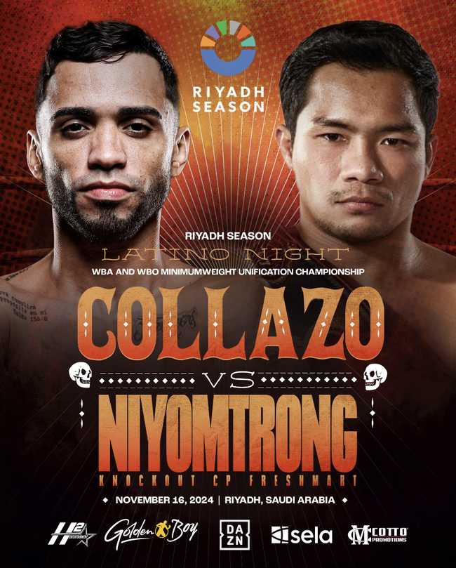 Fight poster showing Oscar Collazo and Thammanoon Niyomtrong in various poses.
