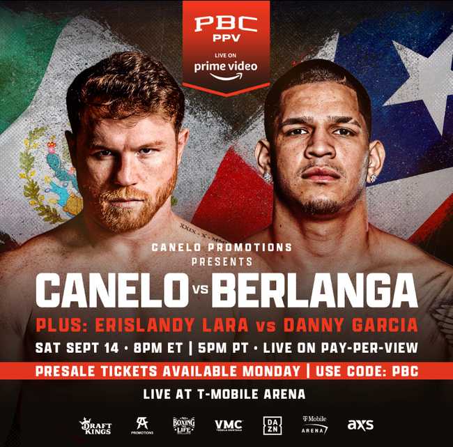 Fight poster showing Saul Alvarez and Edgar Berlanga in various poses.
