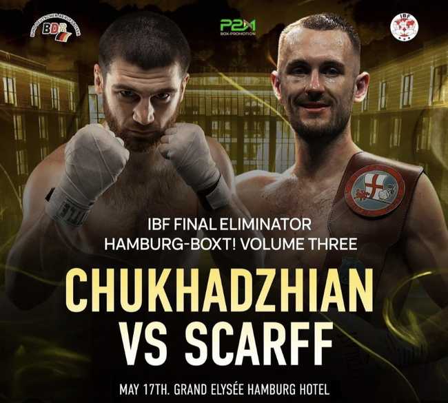 Fight poster showing Karen Chukhadzian and Harry Scarff in various poses.