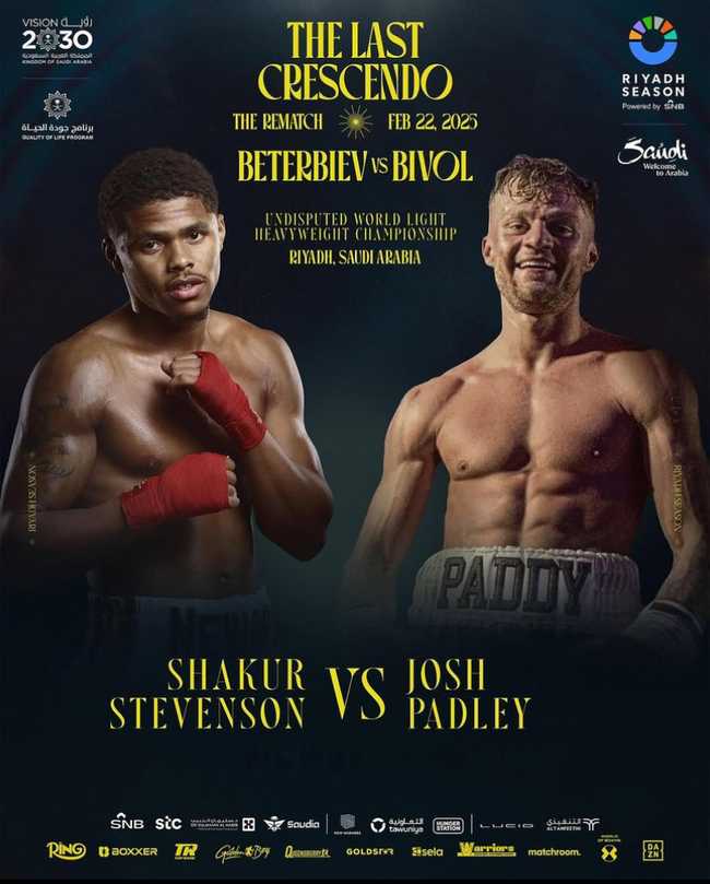 Fight poster showing Shakur Stevenson and Josh Padley in various poses.