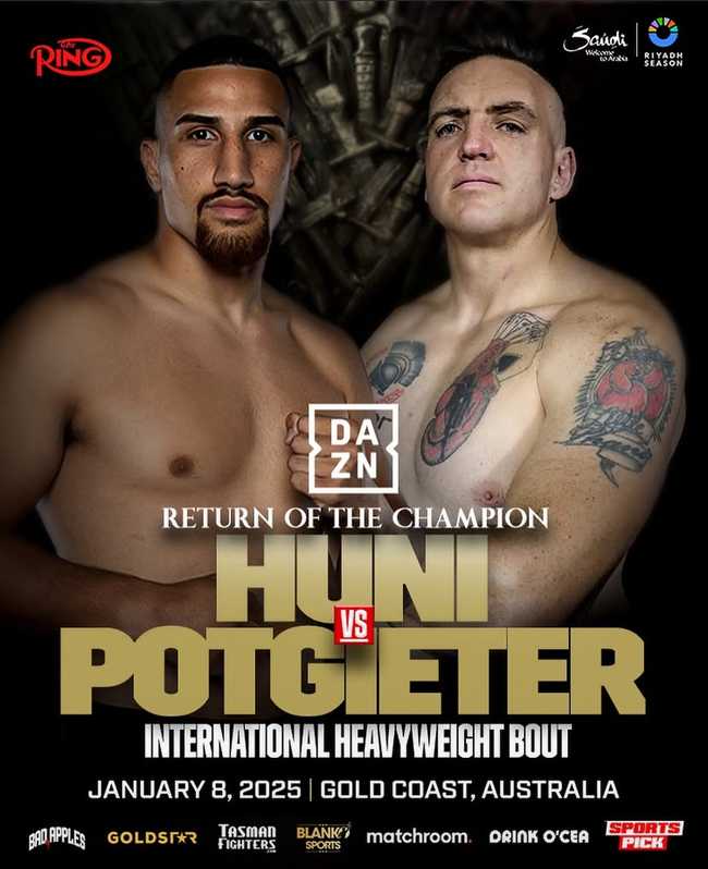 Fight poster showing Justis Huni and Shaun Potgieter in various poses.