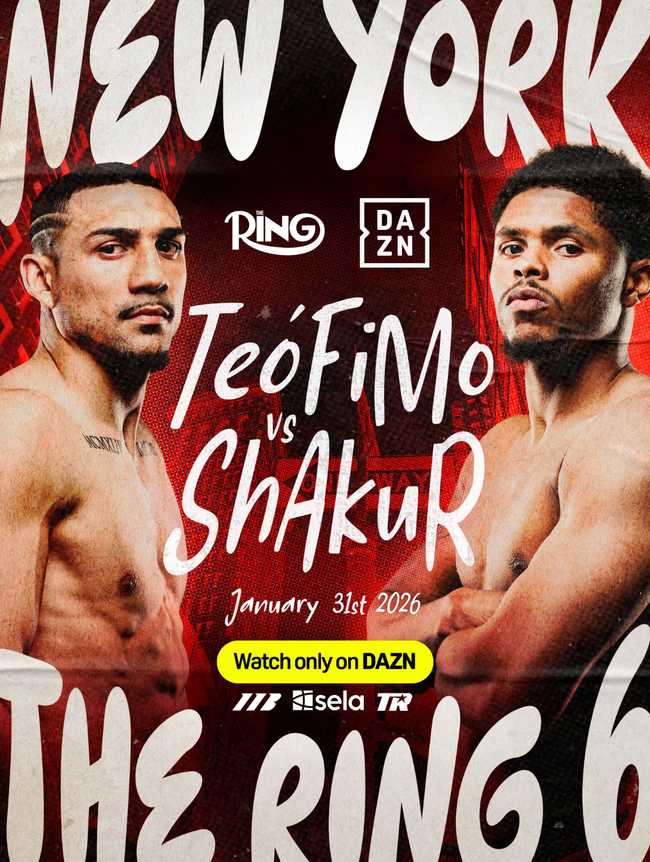 Fight poster showing Teofimo Lopez and Shakur Stevenson in various poses.