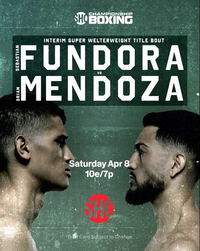 Fight poster showing Sebastian Fundora and Brain Mendoza in various poses.