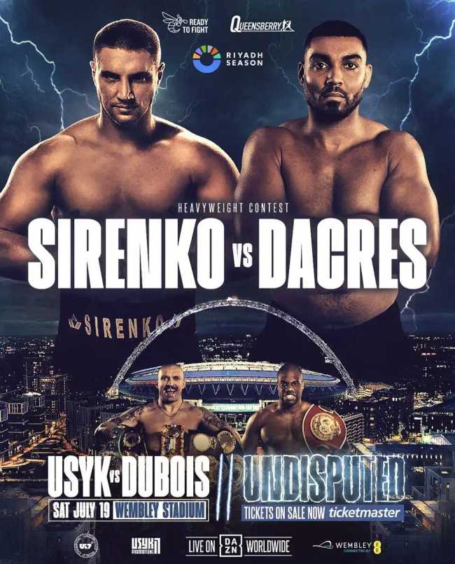 Fight poster showing Vladyslav Sirenko and Solomon Dacres in various poses.