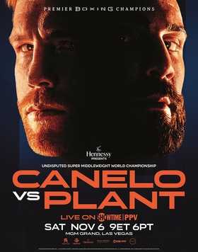 Fight poster showing Saul Alvarez and Caleb Plant in various poses.