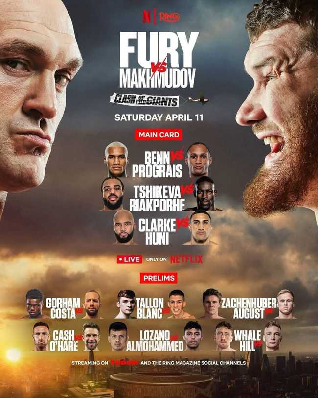 Fight poster showing Frazer Clarke and Justis Huni in various poses.