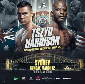 Fight poster showing Tim Tszyu and Tony Harrison in various poses.