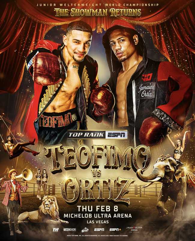 Fight poster showing Teofimo Lopez and Jamaine Ortiz in various poses.