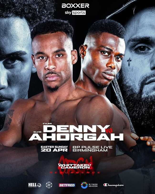 Fight poster showing Tyler Denny and Elvis Ahorgah in various poses.