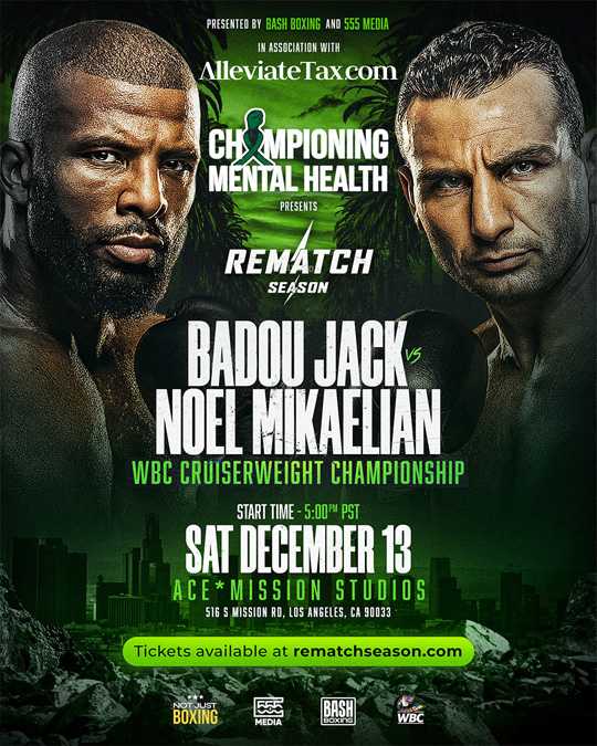 Fight poster showing Badou Jack and Norair Mikaeljan in various poses.