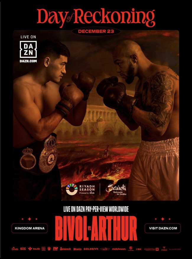 Fight poster showing Dimitry Bivol and Lyndon Arthur in various poses.