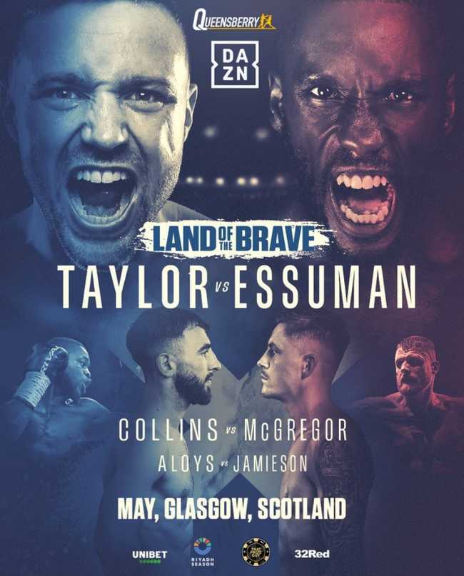 Fight poster showing Josh Taylor and Ekow Essuman in various poses.