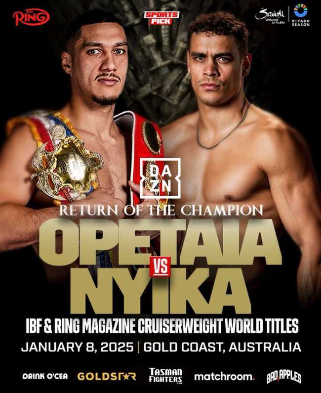 Fight poster showing Jai Opetaia and David Nyika in various poses.
