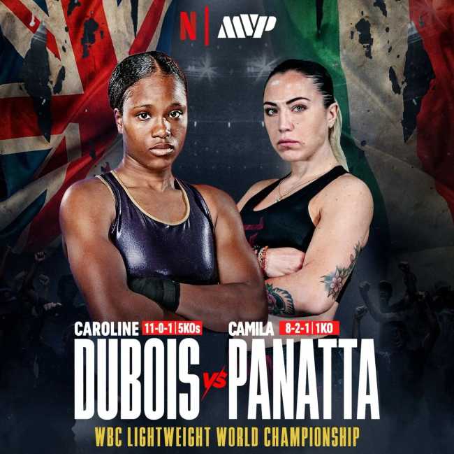 Fight poster showing Caroline Dubois and Camilla Panatta in various poses.