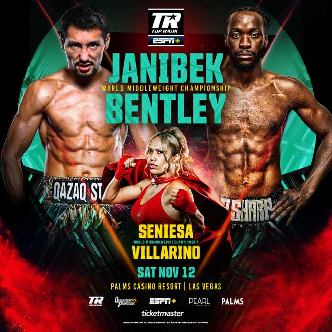 Fight poster showing Janibek Alimkhanuly and Denzel Bentley in various poses.
